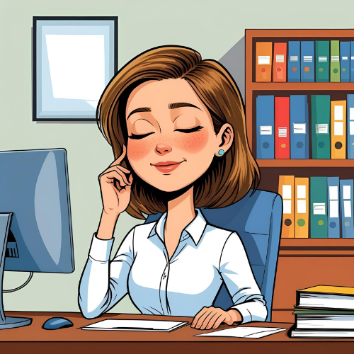 cartoon image of a lady in office taking a break with eyes closed