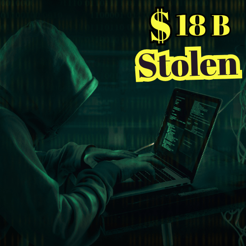 A hacker with a laptop and text that reads $ 18 B Stolen