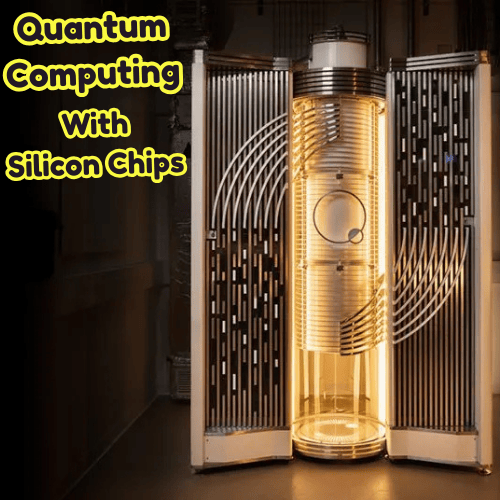 Quantum Computer that is placed at the NQCC - Text overlay as 'Quantum Computing with silicon chips'