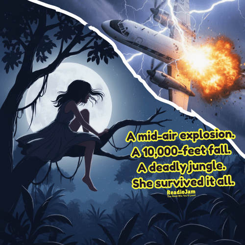 A split image of an air plane struck by lightning and a girl stuck on a tree in a deep jungle