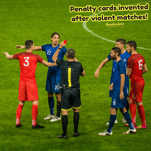 Players in a football ground and referee showing a red card