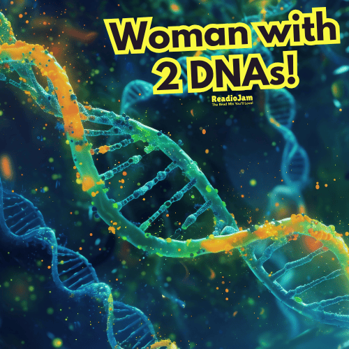 Close-up illustration of a DNA strand with a text overlay 'Woman with 2 DNAs!'