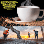 Coffee to concrete split: coffee mug/beans and construction crew pouring concrete